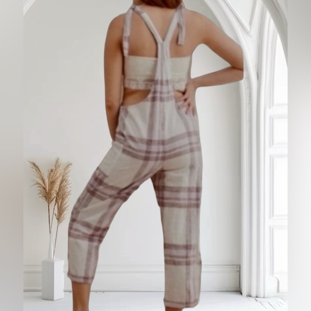 NWT Aerie jumpsuit romper overall pants white purple plaid pockets cropped Sz S - Picture 7 of 12